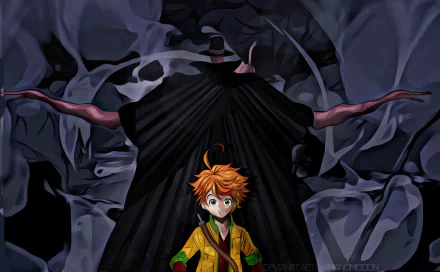 HD PC wallpaper featuring Emma and Leuvis from the anime The Promised Neverland, set against a dark, eerie background highlighting their contrasting presence.