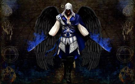 A striking HD wallpaper featuring a character from Assassin's Creed II, adorned with dark wings and intricate blue armor against a mystical background.