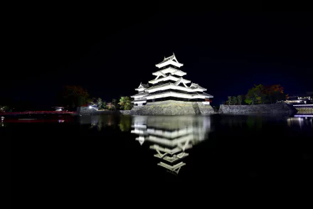 Night view of Matsumoto Castle in Japan, showcasing its traditional architecture reflected in the surrounding water against a dark sky, captured in HD for desktop wallpaper.