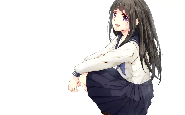 Eru Chitanda (Hyouka) in a navy school skirt and white blouse, seated and gazing upward on a white backdrop — 4K Ultra HD anime PC desktop wallpaper