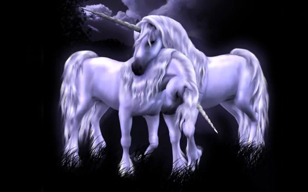HD desktop wallpaper featuring a fantasy scene with two majestic unicorns standing closely together against a dark, mystical background.