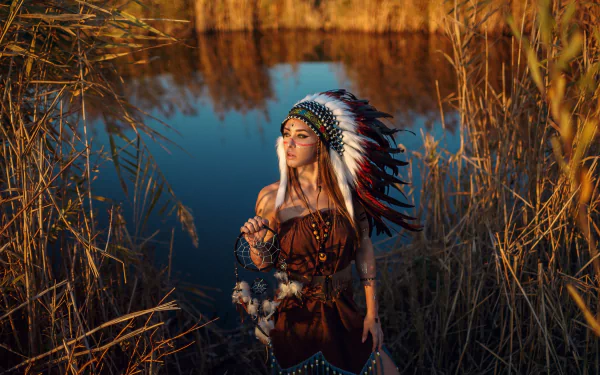 feather depth of field dreamcatcher headdress redhead model woman native american HD Desktop Wallpaper | Background Image