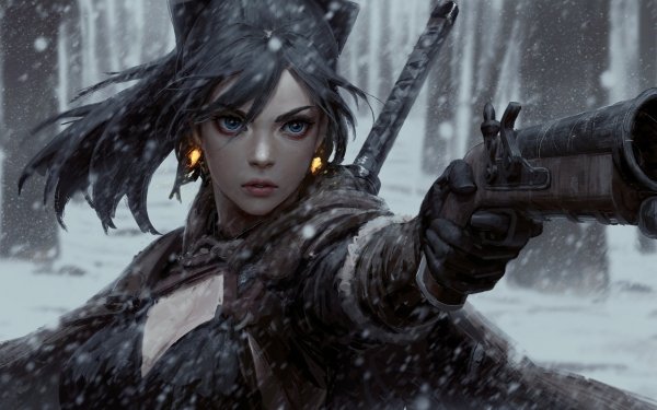 Fantasy Women Warrior Woman Warrior Blue Eyes Snowfall Black Hair Weapon Flintlock Gun Snow HD Wallpaper | Background Image