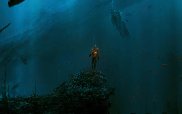 A captivating underwater scene featuring a lone diver illuminated against a dark, mysterious sea, surrounded by shadowy hints of a fantasy sea monster in a striking HD wallpaper.