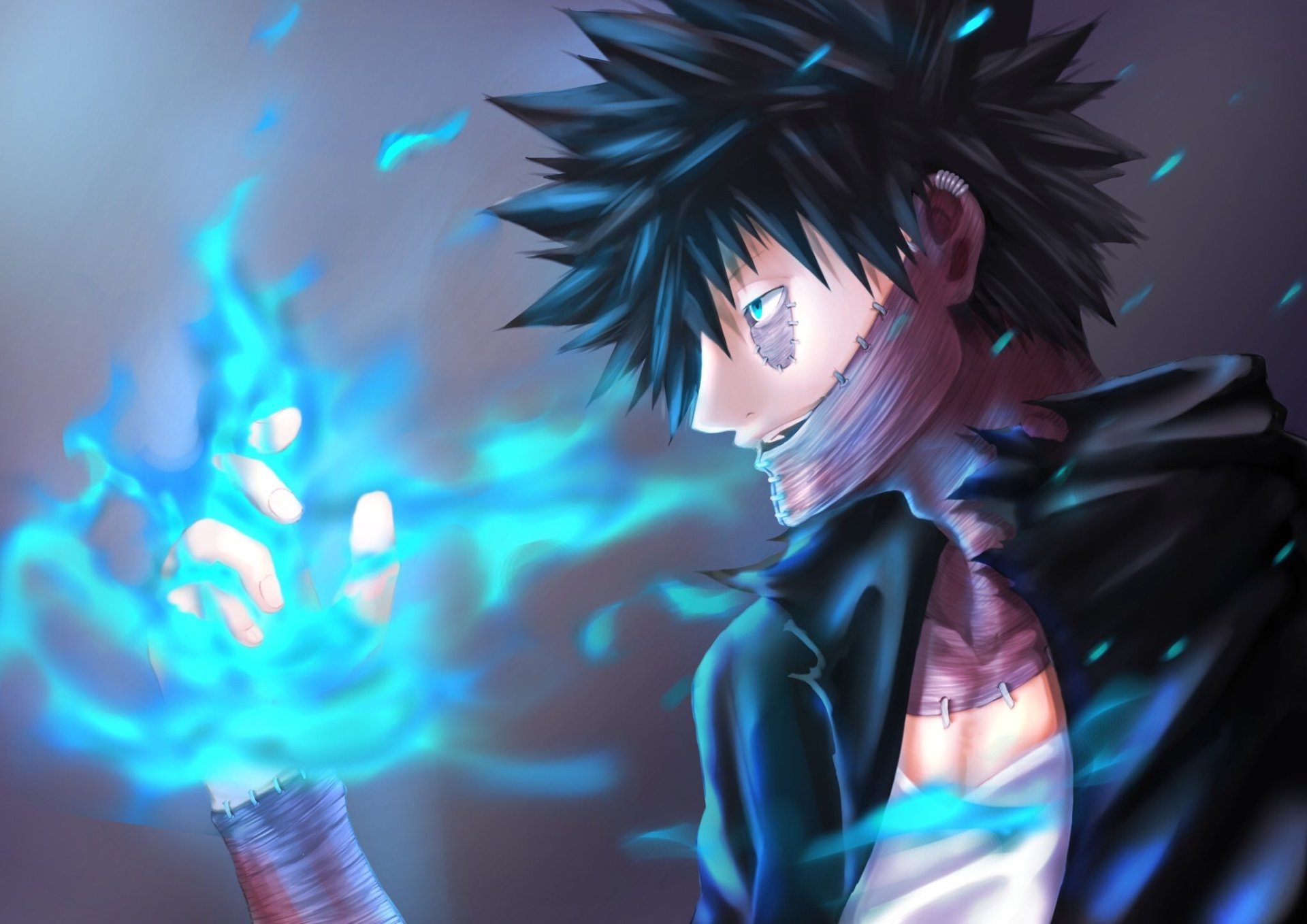 HD PC desktop wallpaper of Dabi from My Hero Academia, showcasing his spiky hair and blue flames in an anime-style illustration.