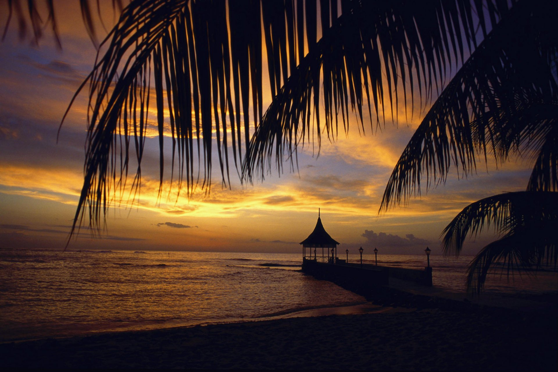 A stunning tropical sunset over the ocean, featuring a silhouetted pier framed by palm leaves, creating a serene atmosphere for a beautiful HD desktop wallpaper.