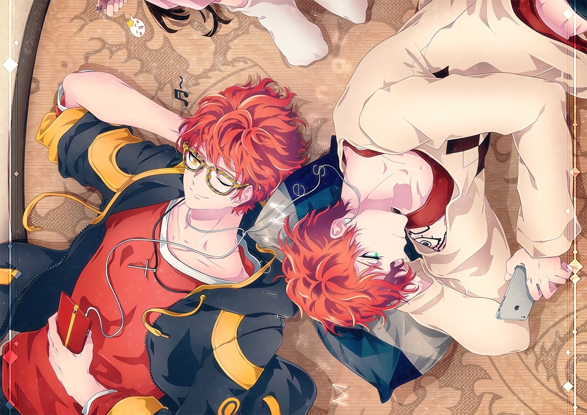 HD PC desktop wallpaper, Anime — 707 (Mystic Messenger): two red-haired 707s lie back-to-back, one wearing glasses, phones on a patterned floor background.
