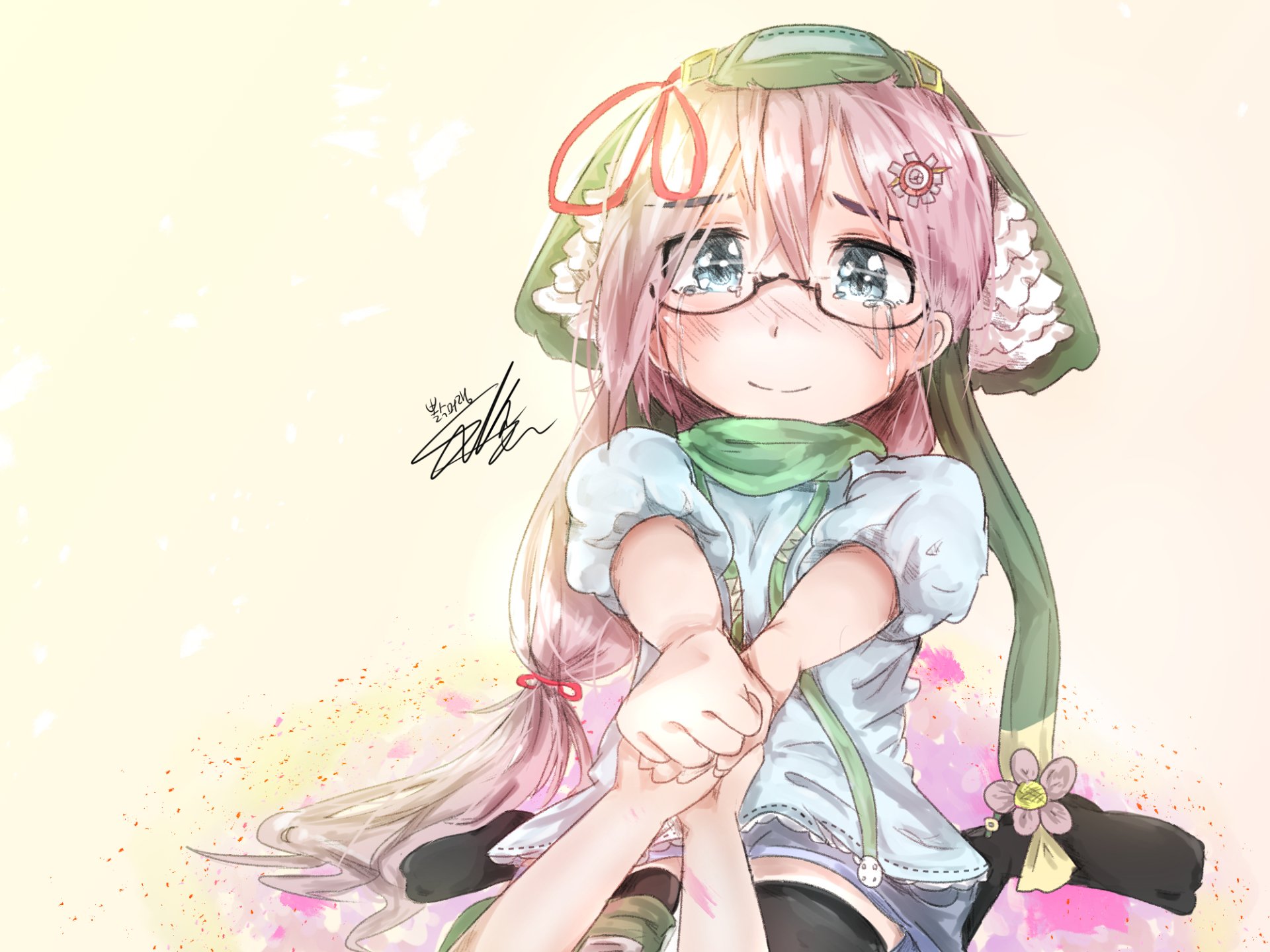 Anime original HD PC desktop wallpaper of a pink-haired, glasses-wearing girl in a green bonnet and scarf, sitting with knees hugged against a soft pastel, floral-accented background.
