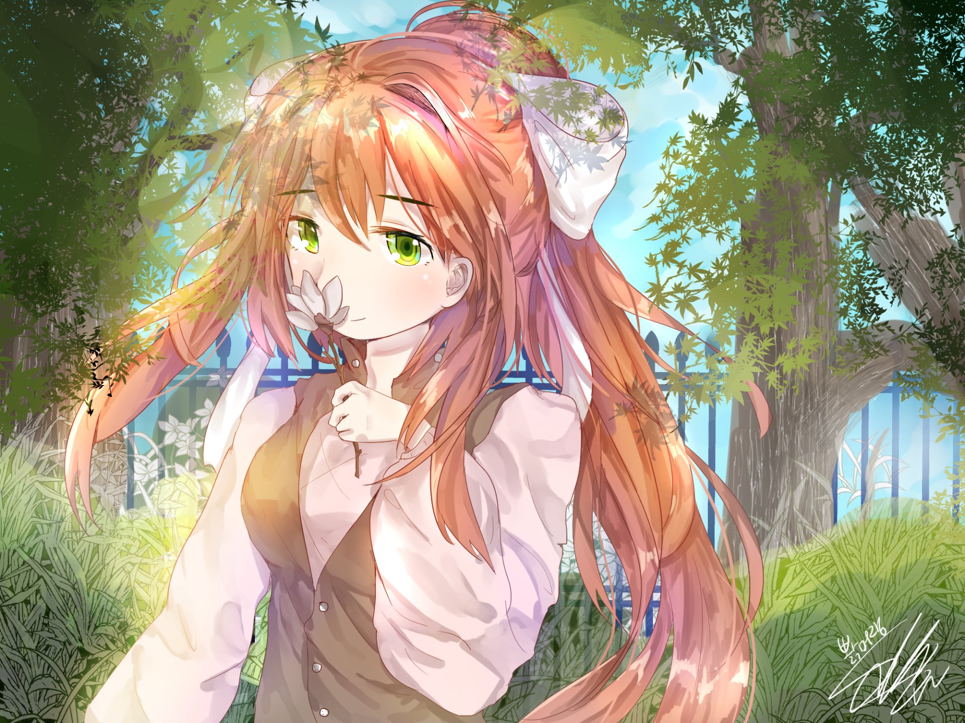 Monika from the video game Doki Doki Literature Club stands in a sunlit meadow holding a flower, rendered in vibrant anime style as an HD PC desktop wallpaper/background.