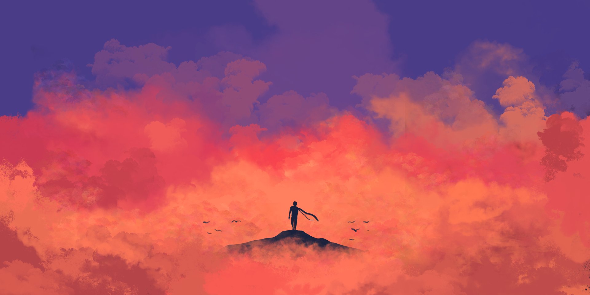 Artistic minimalist HD PC desktop wallpaper featuring a lone figure standing on a hill surrounded by vibrant orange clouds beneath a deep purple sky.