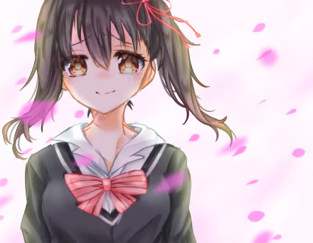 HD anime desktop wallpaper featuring Hasuki Komai from Kishuku Gakkou No Juliet with a soft expression and pink cherry blossom petals floating around.