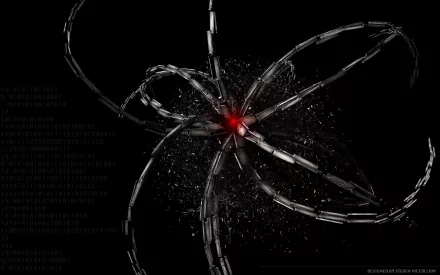 Abstract, cool HD desktop wallpaper featuring a dynamic, dark design with intertwined metallic strands converging at a glowing red center.