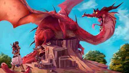 HD desktop wallpaper featuring a vivid depiction of a female warrior and a child confronting a large red dragon in a fantasy landscape.