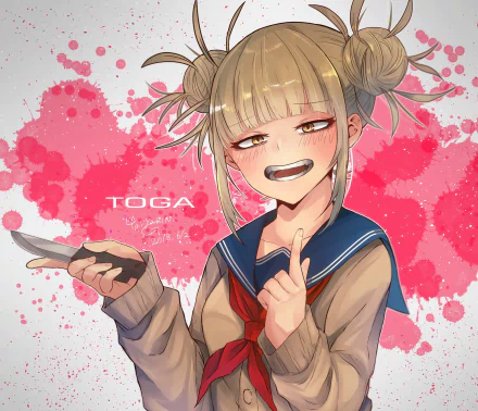 HD PC desktop wallpaper of Himiko Toga from My Hero Academia — anime-style portrait, grinning in a sailor uniform and clutching a knife against a pink splatter background.