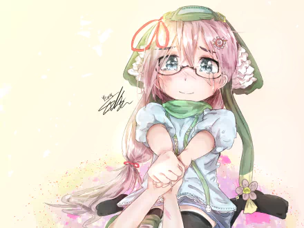 Anime original HD PC desktop wallpaper of a pink-haired, glasses-wearing girl in a green bonnet and scarf, sitting with knees hugged against a soft pastel, floral-accented background.