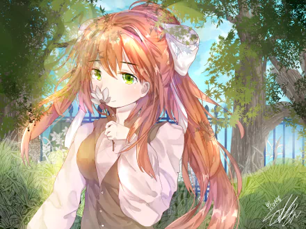 Monika from the video game Doki Doki Literature Club stands in a sunlit meadow holding a flower, rendered in vibrant anime style as an HD PC desktop wallpaper/background.
