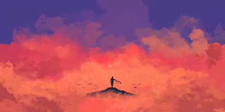 Artistic minimalist HD PC desktop wallpaper featuring a lone figure standing on a hill surrounded by vibrant orange clouds beneath a deep purple sky.