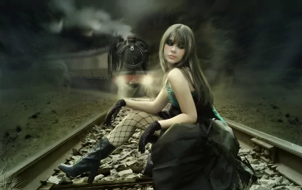 HD desktop wallpaper featuring a dark, emo scene with a young woman sitting on train tracks, blending into the misty background as a train approaches.
