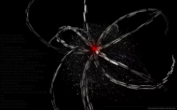 Abstract, cool HD desktop wallpaper featuring a dynamic, dark design with intertwined metallic strands converging at a glowing red center.