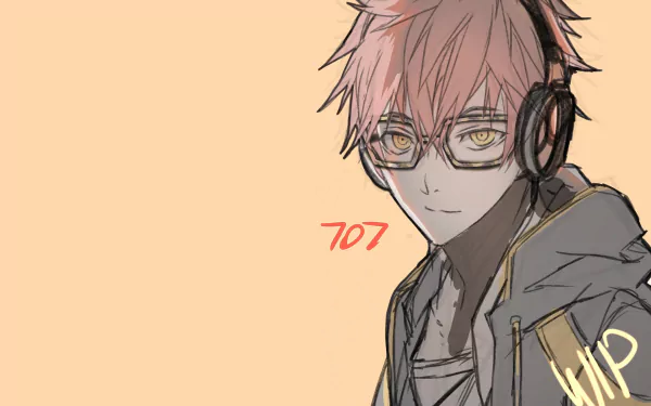 HD PC desktop wallpaper of 707 from Mystic Messenger — anime portrait of a bespectacled young man in headphones and a hoodie against a warm beige background.