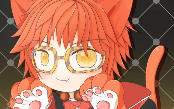 HD PC desktop wallpaper: chibi 707 (Mystic Messenger) anime, orange-haired cat-eared character with glasses, golden eyes, paw gloves and tail on a dark patterned background.