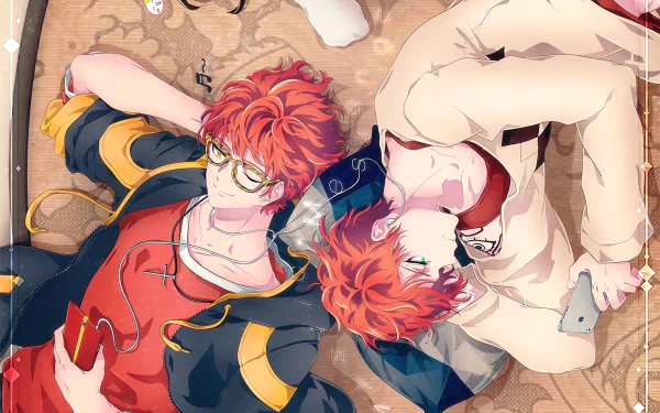 HD PC desktop wallpaper, Anime — 707 (Mystic Messenger): two red-haired 707s lie back-to-back, one wearing glasses, phones on a patterned floor background.