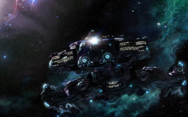A HD desktop wallpaper featuring a spaceship from the video game Starcraft II: Wings Of Liberty, set against a vivid, star-filled space background.