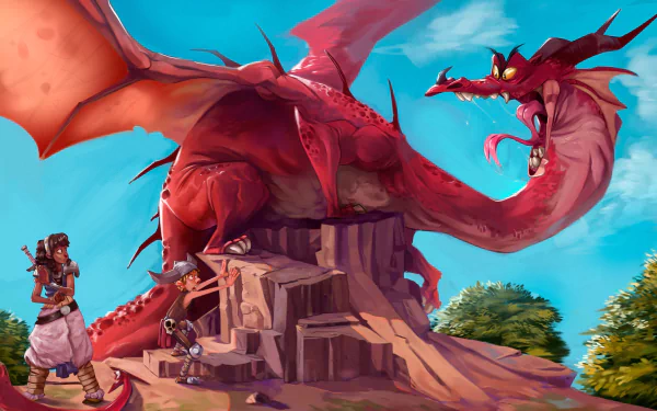 HD desktop wallpaper featuring a vivid depiction of a female warrior and a child confronting a large red dragon in a fantasy landscape.