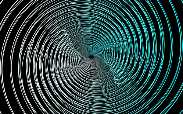 Abstract 8K Ultra HD PC wallpaper featuring a mesmerizing spiral of curved lines with a smooth gradient from teal to gray on a black background.