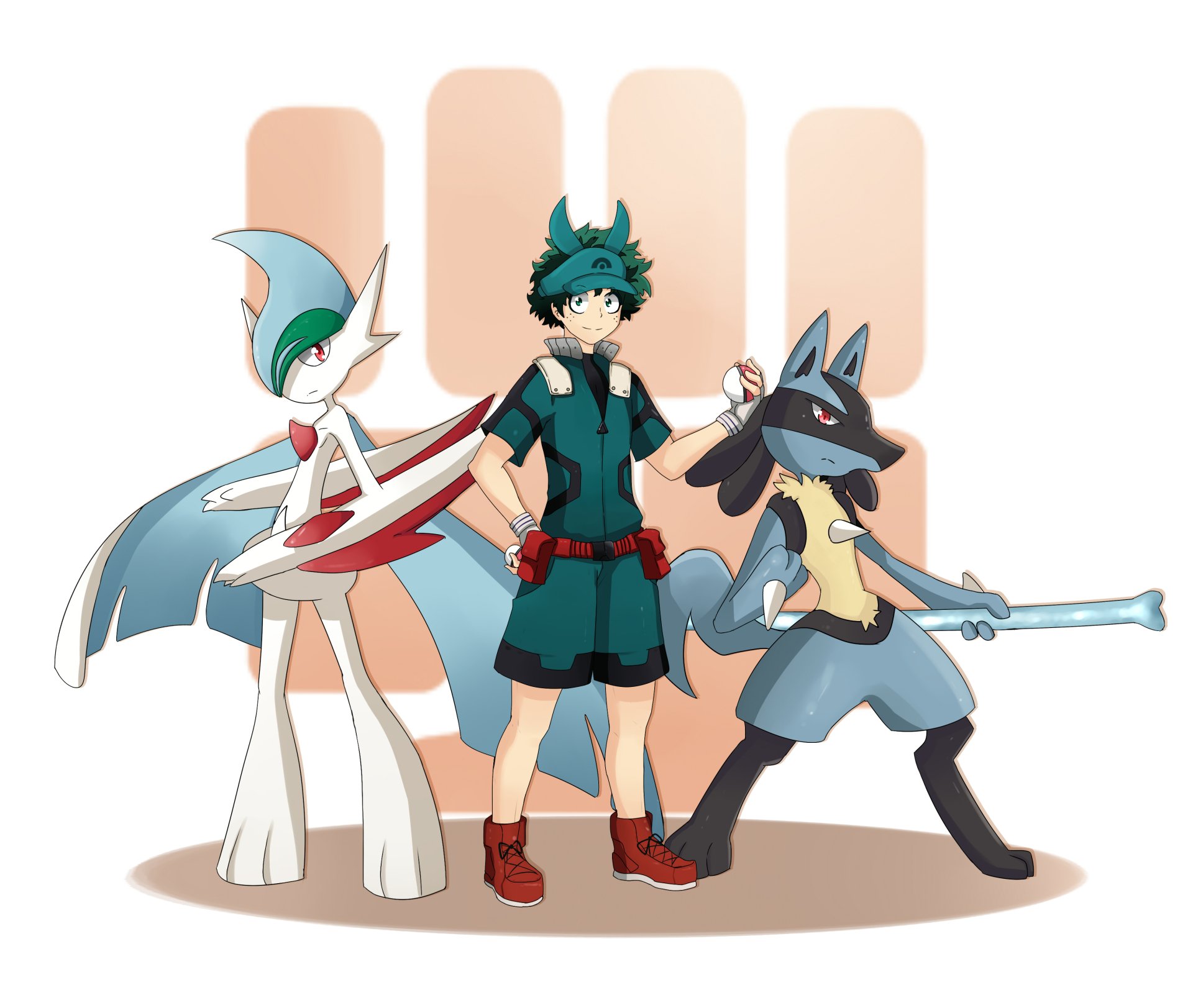 HD PC desktop wallpaper featuring Izuku Midoriya from My Hero Academia alongside Pokémon Lucario and Gallade in a vibrant anime crossover scene.