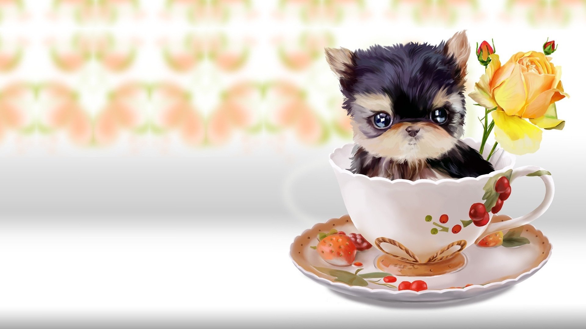 HD wallpaper of a Yorkshire Terrier puppy sitting adorably in a decorated teacup, with a yellow rose beside it. The background features a soft, floral design.
