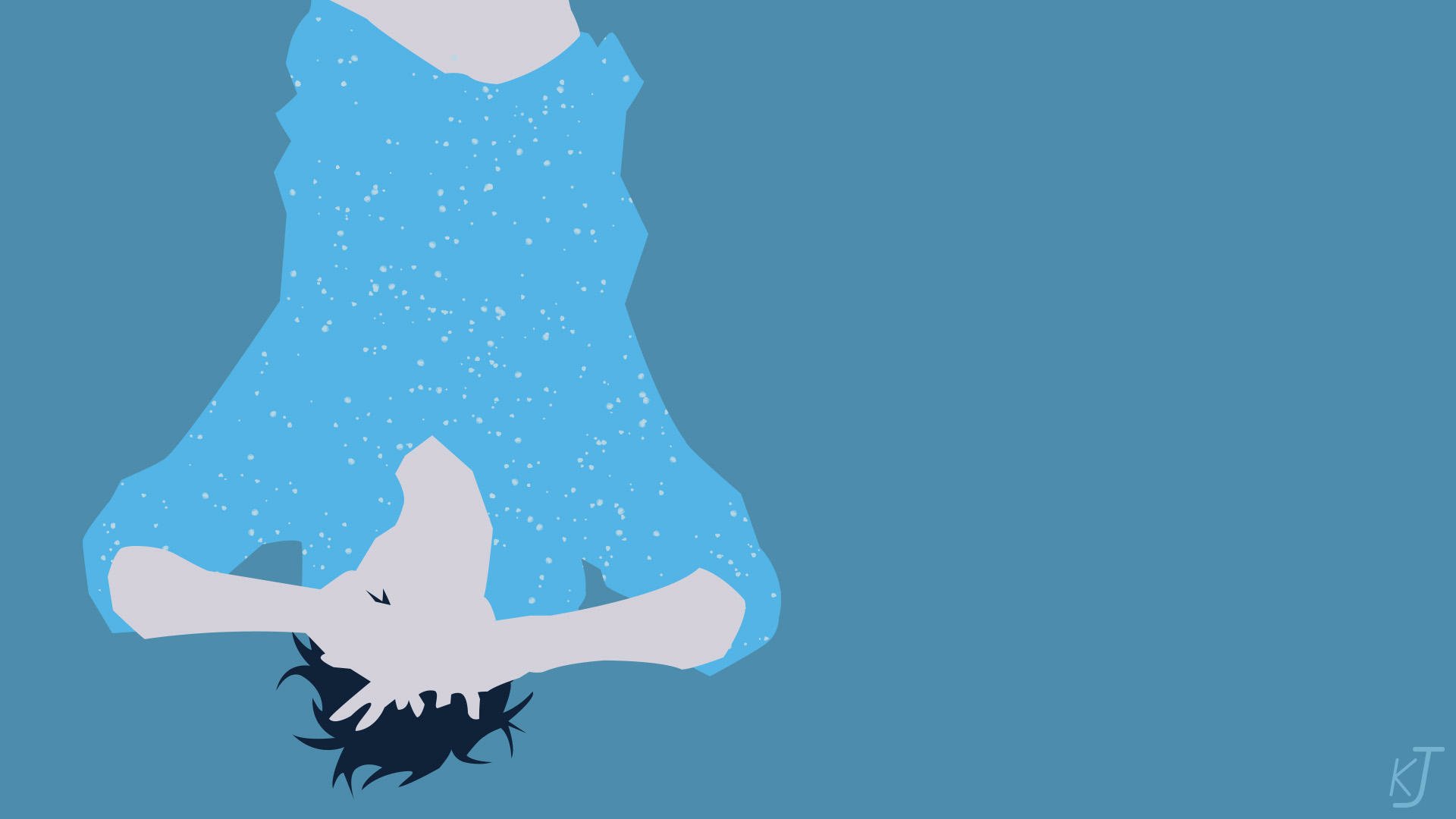 HD PC wallpaper of Karamatsu Matsuno from Osomatsu-san: minimalist illustration of him upside down on a teal background, arms outstretched and wearing a sparkling blue coat.