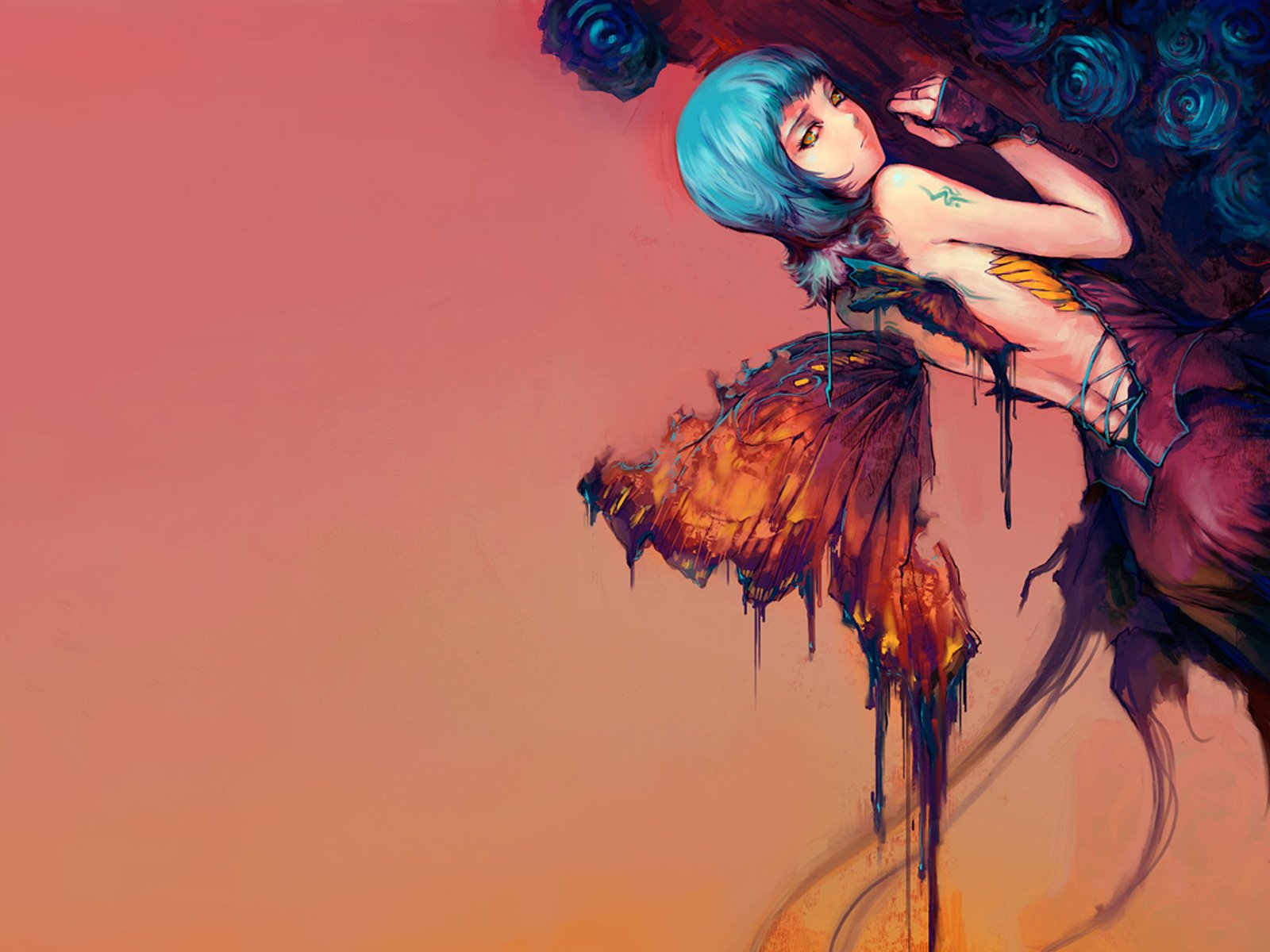 A vibrant fantasy-themed wallpaper featuring a fairy with striking blue hair and intricate wings, surrounded by a mystical background that blends rich colors.
