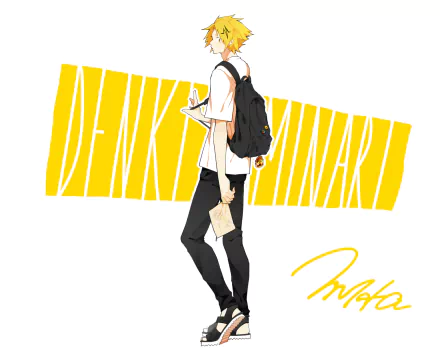 HD PC wallpaper: Denki Kaminari from My Hero Academia — full-body anime pose with backpack and paper on a bold yellow name-panel background.
