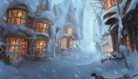 Fantasy winter village scene with snow-covered houses glowing warmly, set in a mystical, icy landscape; a detailed HD PC desktop wallpaper and background.