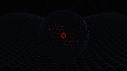 Abstract 3D 4K Ultra HD PC desktop wallpaper and background: a dark hex-patterned sphere with a red glowing core resting on a field of textured spheres.