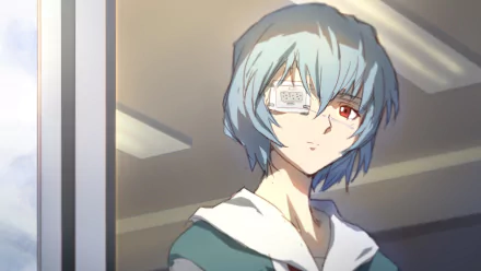 HD desktop wallpaper featuring Rei Ayanami from Neon Genesis Evangelion, wearing an eye patch, gazing thoughtfully, with soft light highlighting her blue hair and school uniform.