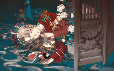 Anime-style desktop wallpaper of a blonde character with yellow eyes wearing a floral headdress, peacock feathers, and a decorative mask, surrounded by white flowers.