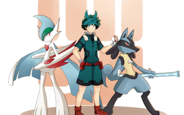 HD PC desktop wallpaper featuring Izuku Midoriya from My Hero Academia alongside Pokémon Lucario and Gallade in a vibrant anime crossover scene.