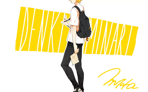 HD PC wallpaper: Denki Kaminari from My Hero Academia — full-body anime pose with backpack and paper on a bold yellow name-panel background.