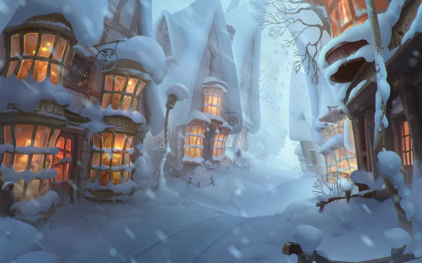 Fantasy winter village scene with snow-covered houses glowing warmly, set in a mystical, icy landscape; a detailed HD PC desktop wallpaper and background.