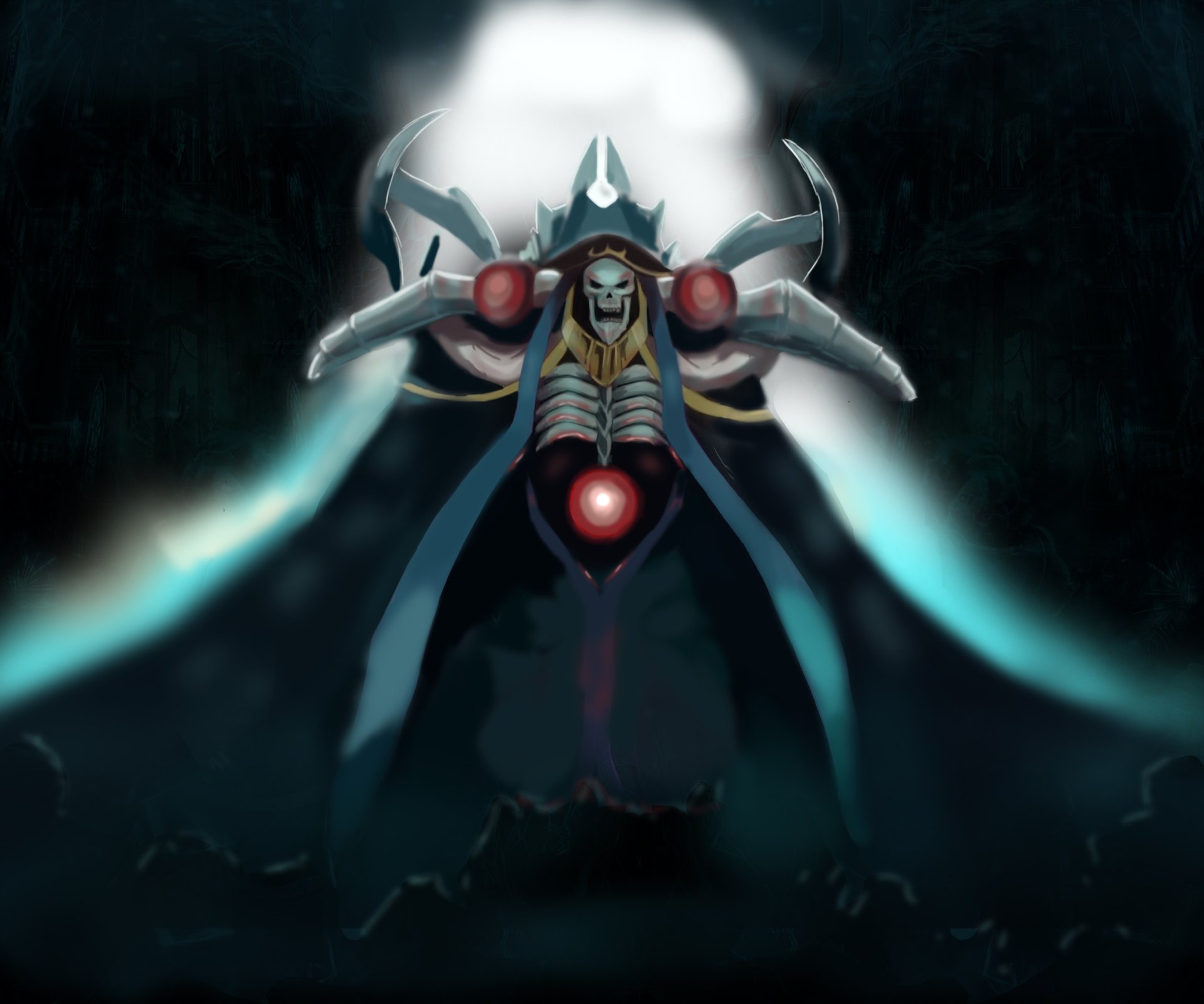 HD anime desktop wallpaper featuring Ainz Ooal Gown from Overlord, showcasing the dark, powerful skeletal figure with glowing red orbs and mystical energy.