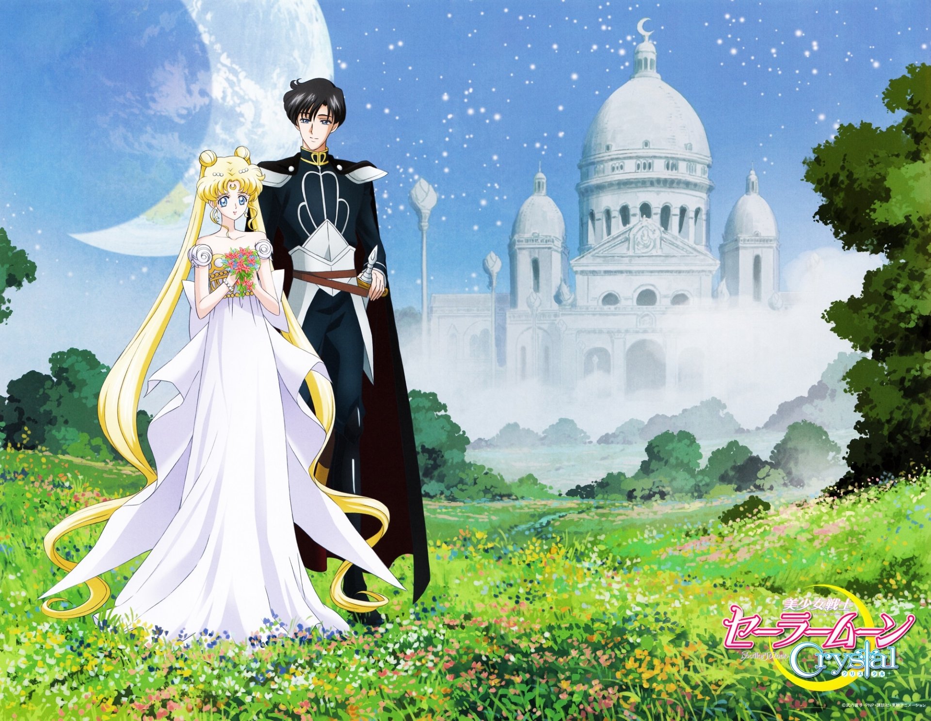 HD anime desktop wallpaper featuring Usagi Tsukino and Tuxedo Mask from Sailor Moon standing in a flower-filled meadow with a grand white castle in the background.
