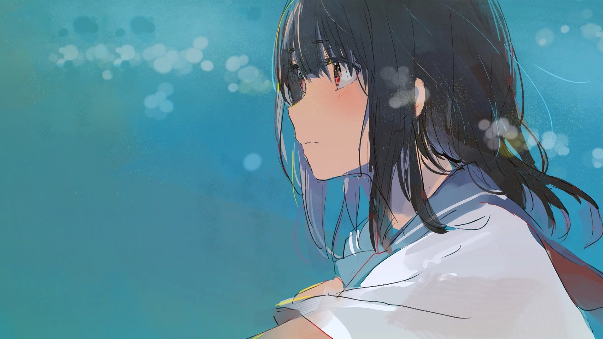 An anime girl in a schoolgirl uniform gazes thoughtfully against a serene, blue-toned background filled with bokeh light effects. This HD desktop wallpaper captures the pensive mood beautifully.