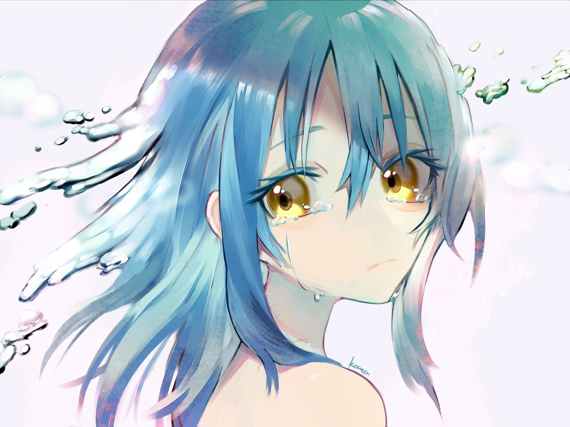 HD desktop wallpaper featuring Rimuru Tempest from the anime That Time I Got Reincarnated as a Slime, showcasing the character's blue hair and golden eyes with a serene background.
