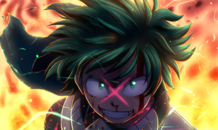 HD desktop wallpaper featuring Izuku Midoriya from My Hero Academia, with intense flames and a fierce expression, creating a dynamic and vibrant background.