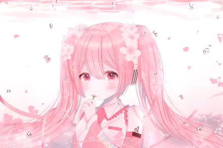 4K Ultra HD anime desktop wallpaper featuring Sakura Miku, the pink-themed Vocaloid character with cherry blossom accents and flowing twin tails.