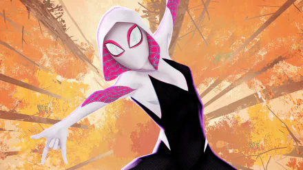 HD wallpaper of Spider-Gwen, aka Gwen Stacy, in a dynamic pose from the movie Spider-Man: Into The Spider-Verse. She is wearing her iconic hooded superhero outfit against a vibrant background.