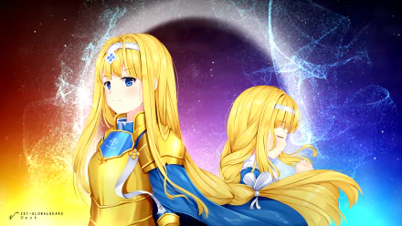 Alice Zuberg (Sword Art Online: Alicization) anime HD PC desktop wallpaper: two golden‑haired Alice in blue‑and‑gold armor with a flowing cloak against a colorful cosmic background.