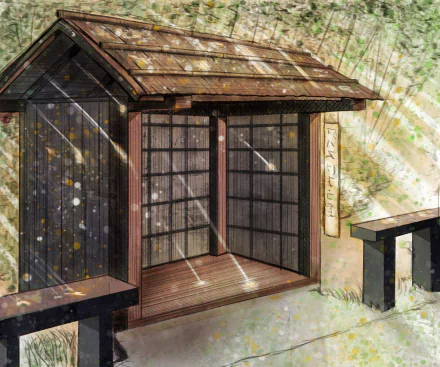 HD anime desktop wallpaper featuring a rustic wooden building entrance with sliding doors bathed in soft sunlight and natural surroundings.